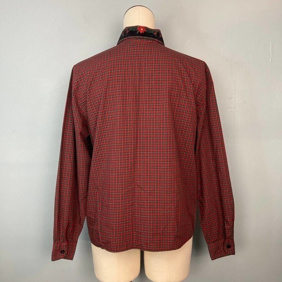Karen Scott Red Green Plaid Velvet Trim Poinsettia Collar Button Up Shirt Size M - Picture 5 of 12